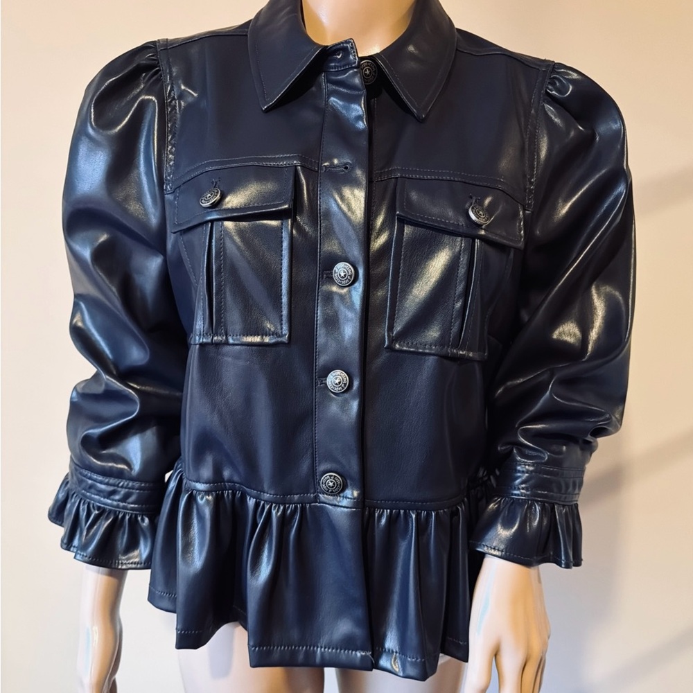 Cinq à Sept Delanie Navy Vegan Leather Jacket with Ruffle Hem Size L